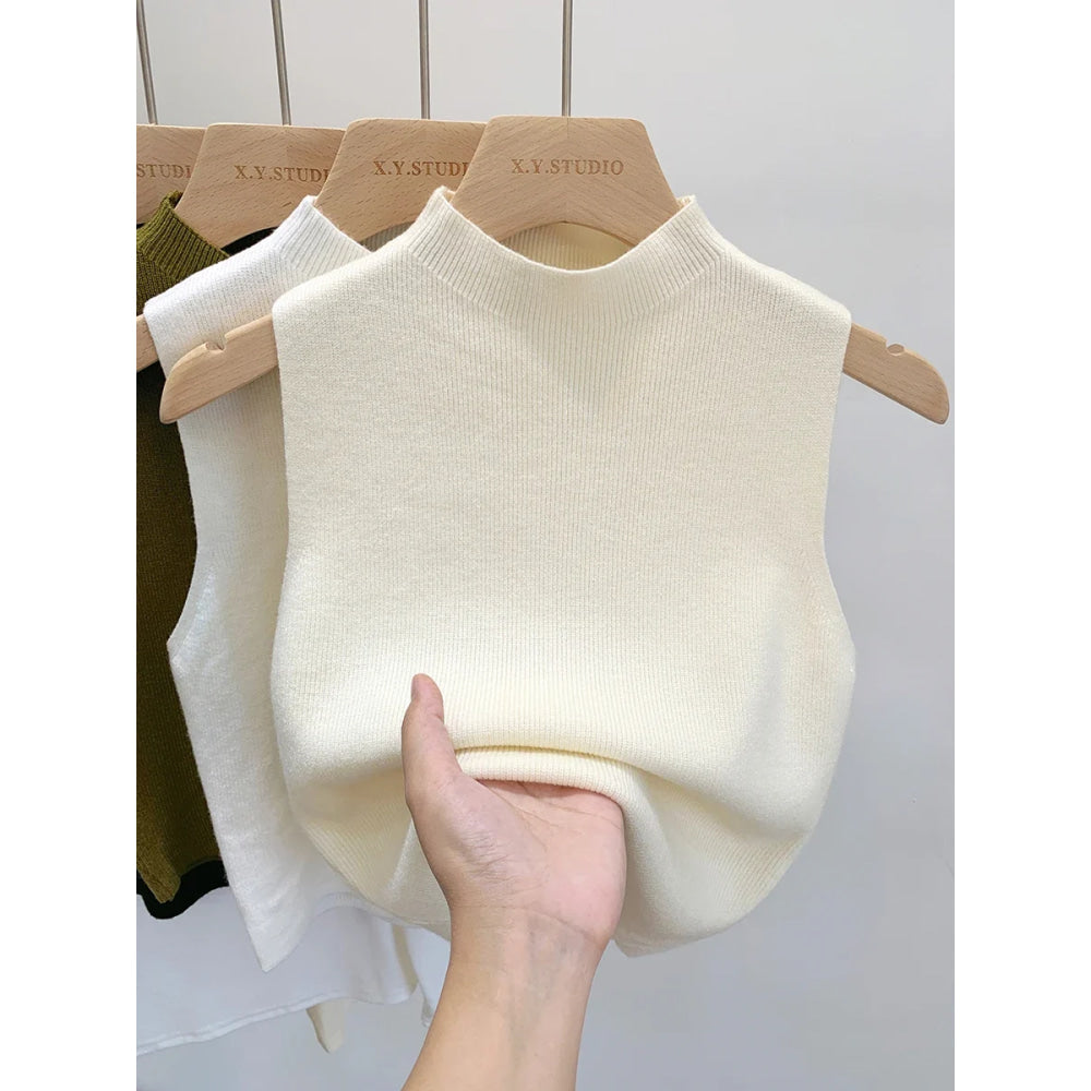 Camiseta sin mangas de punto para mujer, suéter ajustado corto sin mangas, suéteres lisos para primavera y otoño, jerséis 2026