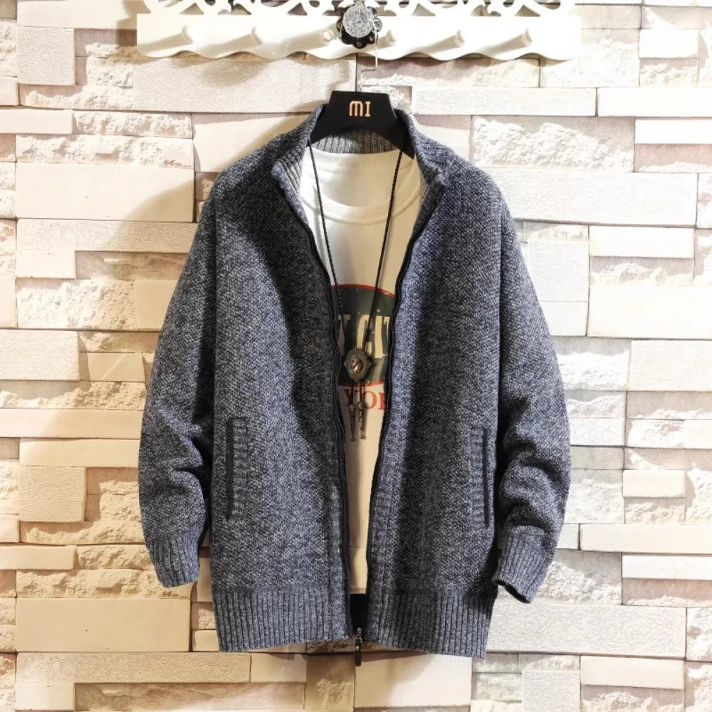 Autumn and Winter New Fleece Thicken Large Size Casual Loose Sweater Men's Jacket Stand-up Collar Cardigans