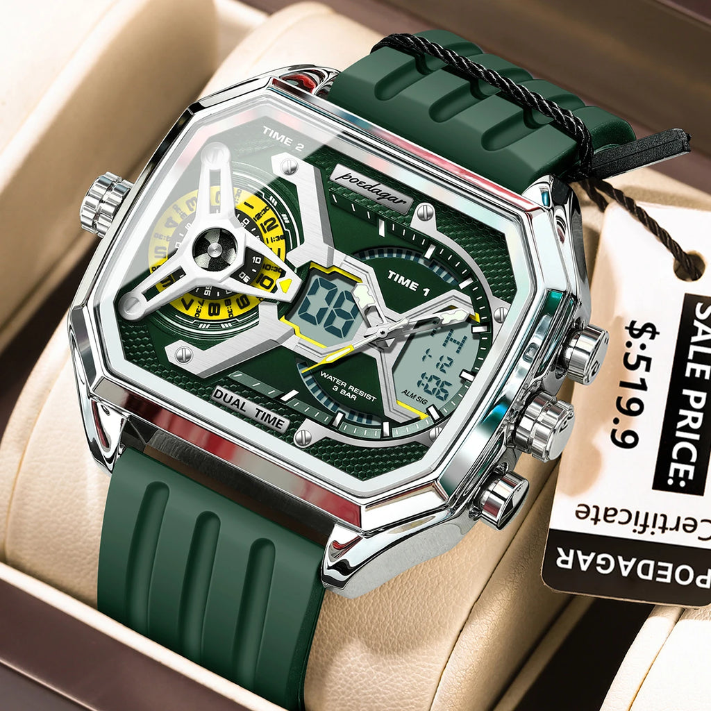 POEDAGAR Top Luxury Men Clock LED Calendar Week Luminous Man Wristwatch Electronic Rectangle Silicone Strap Quartz Men's Watches