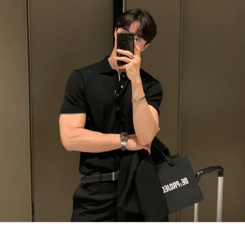 New Men's Short sleeved Classic T-shirt Summer Men Retro Striped Polo Shirt   Solid Color Short Sleeve Fashion Casual T-shirt