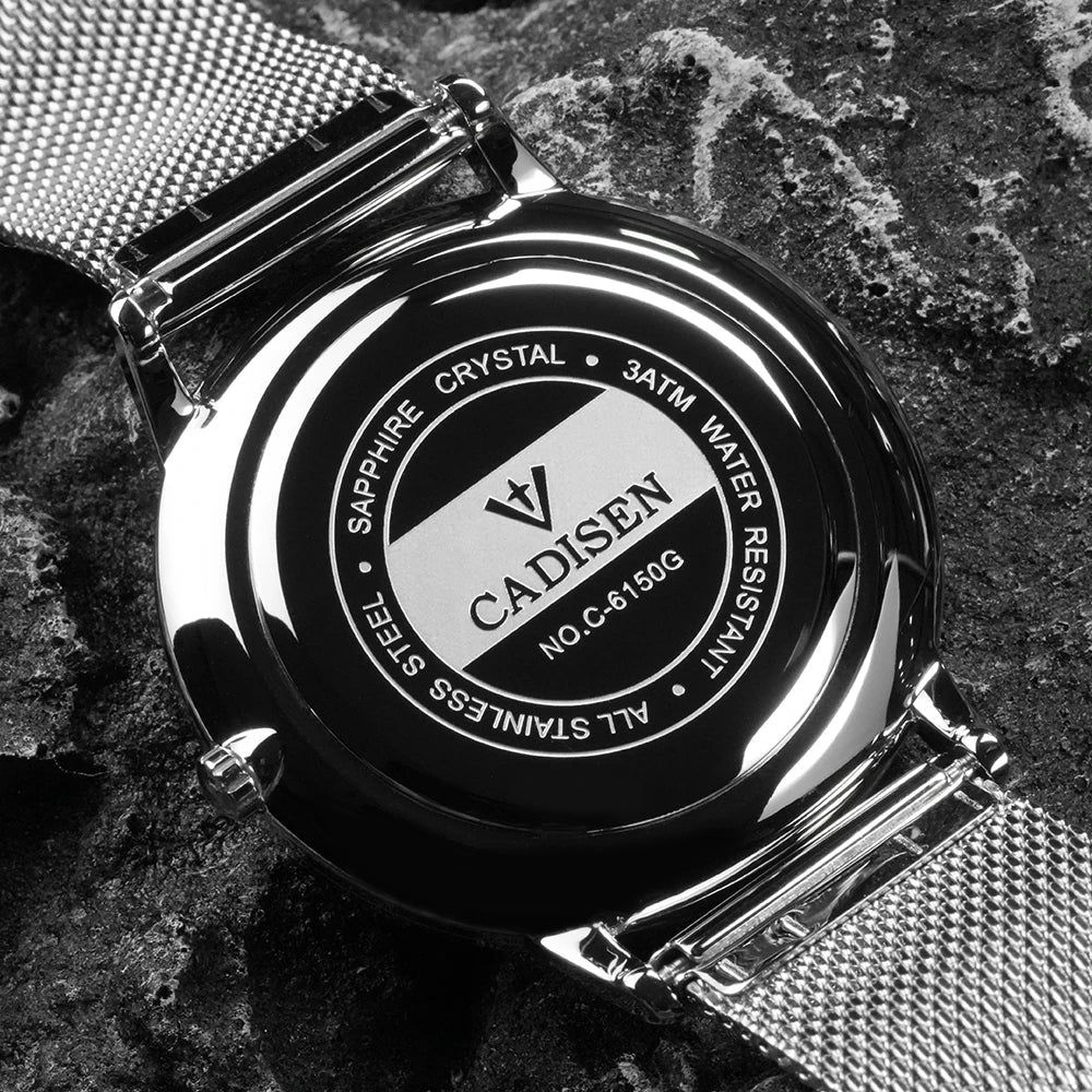 CADISEN Swiss Ronda 715 Quartz Watch Mans 7MM Ultra-thin Dial Sapphire Luminous Stainless Steel Milano Mesh Strap Watches Men