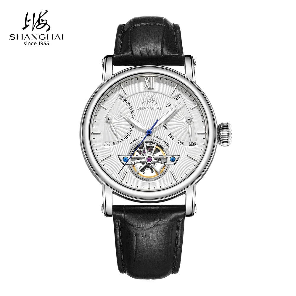 Shanghai Watch Skeletonized Flywheel Men's Mechanical Watch 42mm Automatic Watches Retrograde Calendar Sapphire Wristwatch S8924