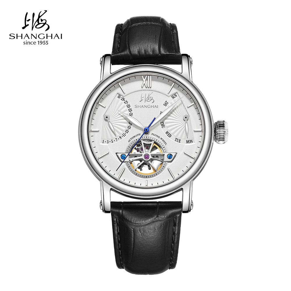 Shanghai Watch Skeletonized Flywheel Men's Mechanical Watch 42mm Automatic Watches Retrograde Calendar Sapphire Wristwatch S8924