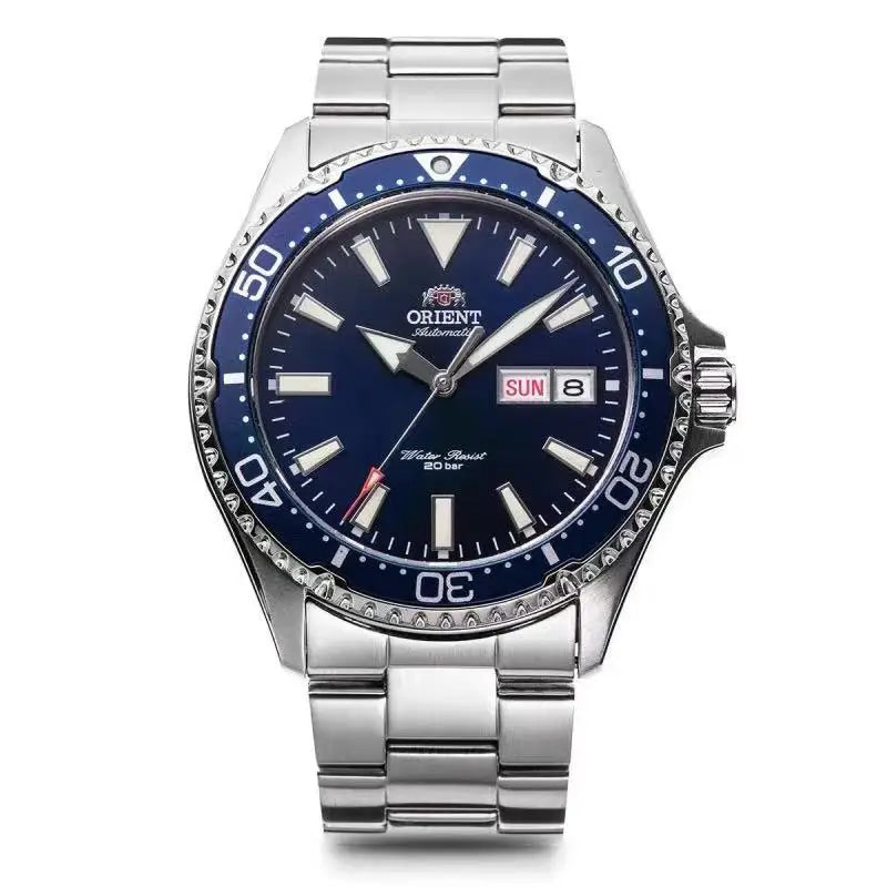 Orient Automatic Mechanical Diver Watch for Men 200M Waterproof Red Dial Stainless Steel Band Day Date Display Sport Wristwatch