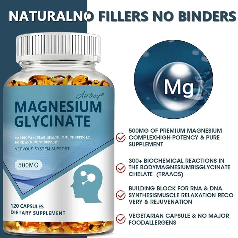 Magnesium Glycinate Capsules 500mg - Supports Bone and Heart Health, Aids Sleep, Relieves Stress, and Promotes Muscle Relaxation