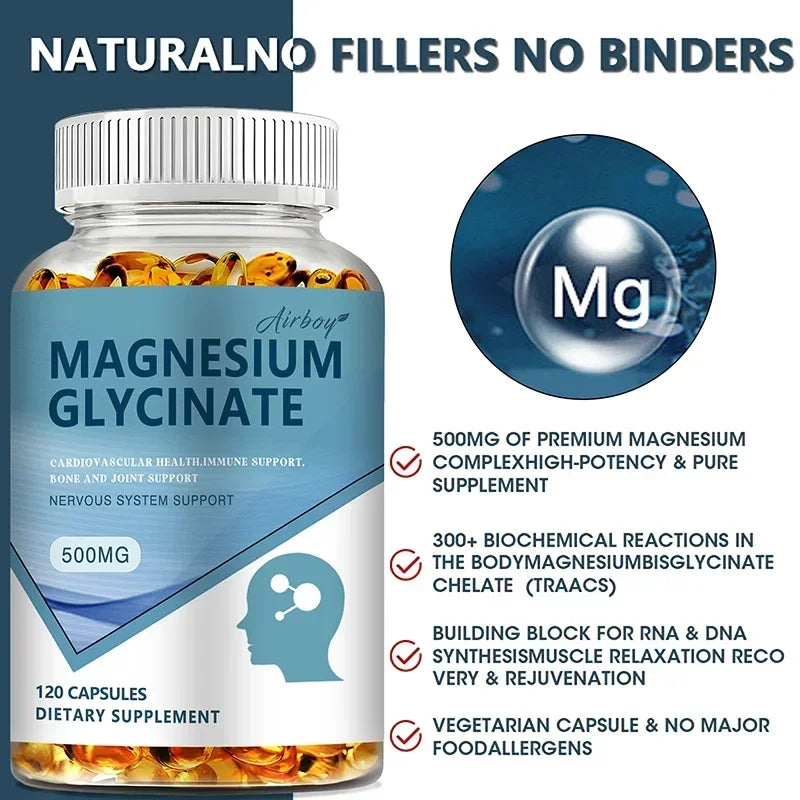 Magnesium Glycinate Capsules 500mg - Supports Bone and Heart Health, Aids Sleep, Relieves Stress, and Promotes Muscle Relaxation