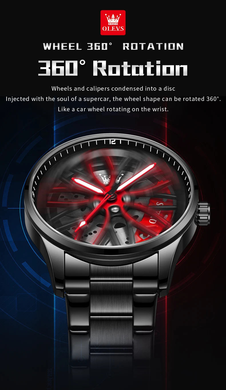 OLEVS Mens Watch Quartz Watch Original Rotatable Wheel Hub Dial Fashion Trend Waterproof Luminous Stainless Steel Reloj 9937