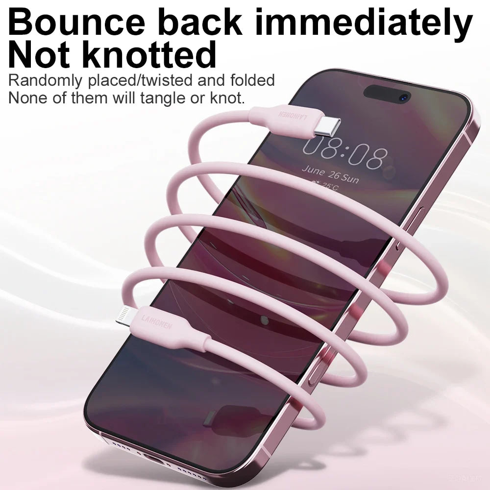Macaron Pink 27W PD Fast Charging Cable USB C to Lightning Silicone Data Cable Soft Flexible for iPhone 14 13 12 11