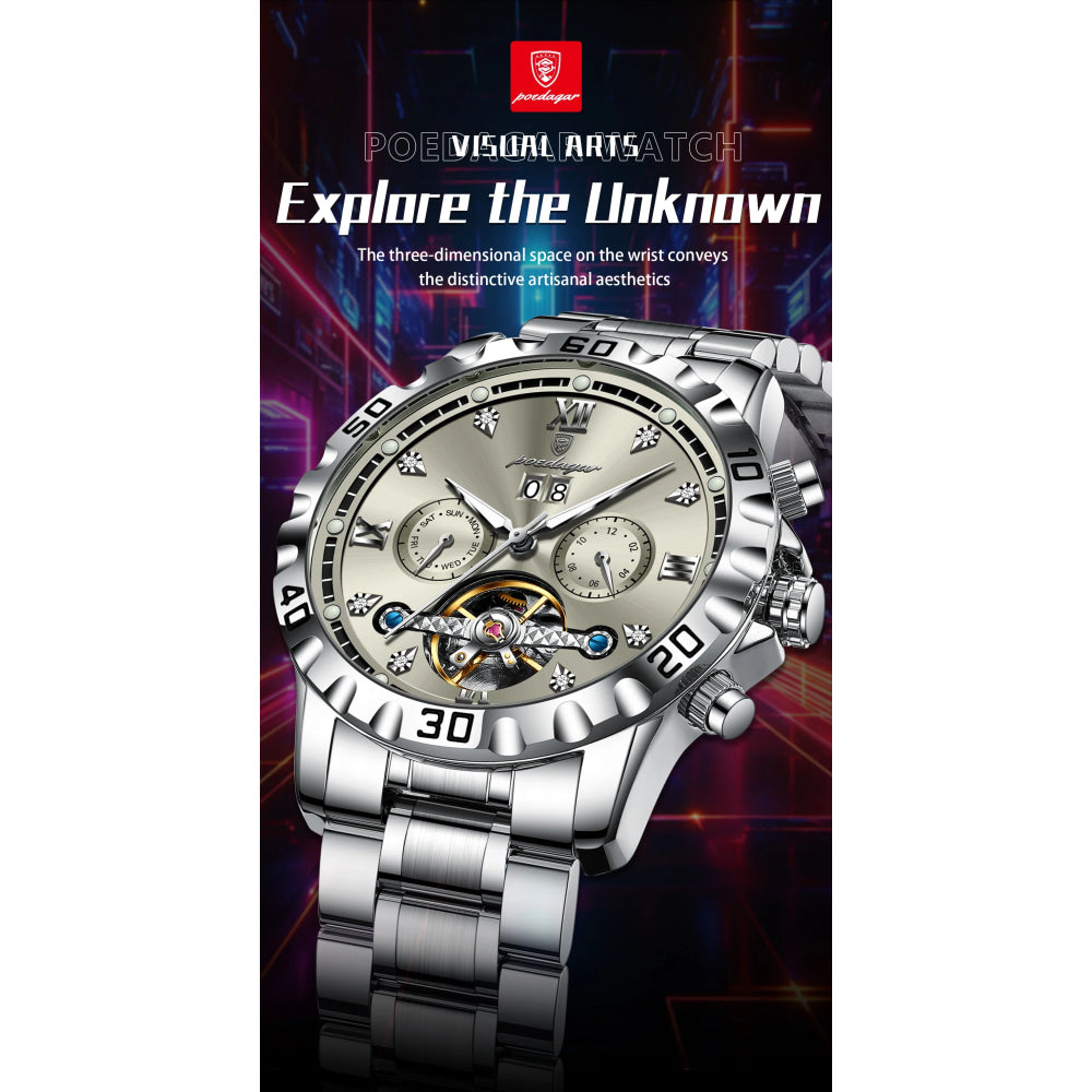 POEDAGAR Luxury Men Wristwatch Hollow Tourbillon Luminous Date Week Man Clock Automatic Mechanical Stainless Steel Men's Watches