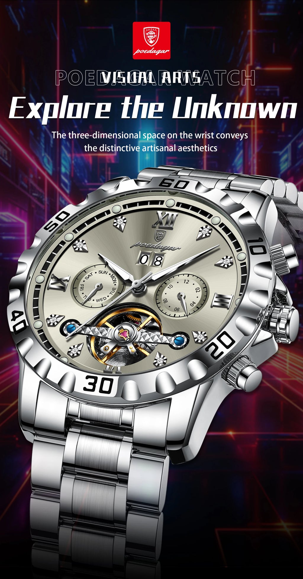 POEDAGAR Luxury Men Wristwatch Hollow Tourbillon Luminous Date Week Man Clock Automatic Mechanical Stainless Steel Men's Watches