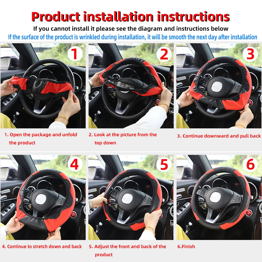 Protector para volante de coche de cuero y fibra de carbono PU sin anillo interior adecuado para 14,5-15 pulgadas de suministros automotrices