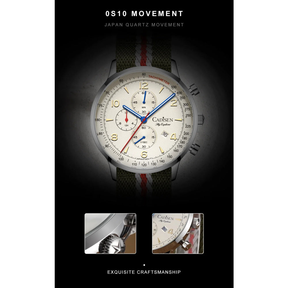 CADISEN New Chronograph Men's Quartz Watch Top Luxury Watches For Men MIYOTA 0S10 AR Mirror Waterproof Canvas Men's Wristwatch
