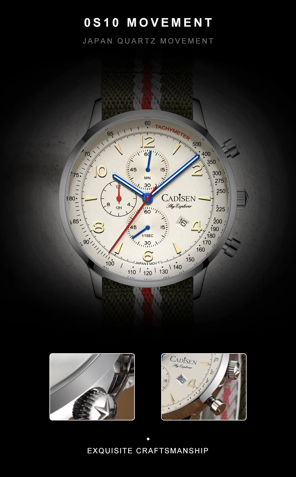 CADISEN New Chronograph Men's Quartz Watch Top Luxury Watches For Men MIYOTA 0S10 AR Mirror Waterproof Canvas Men's Wristwatch