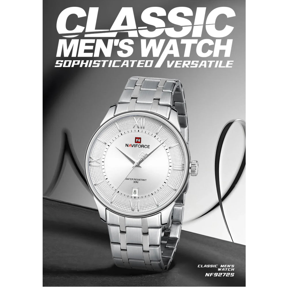 NAVIFORCE Men's Watch Classic Stainless Steel Strap 3ATM Waterproof Calendar Minimalist Dial Men's Chronograph Watch NF9272S