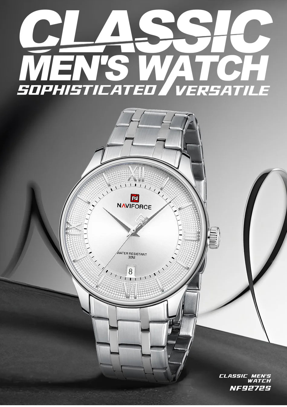 NAVIFORCE Men's Watch Classic Stainless Steel Strap 3ATM Waterproof Calendar Minimalist Dial Men's Chronograph Watch NF9272S