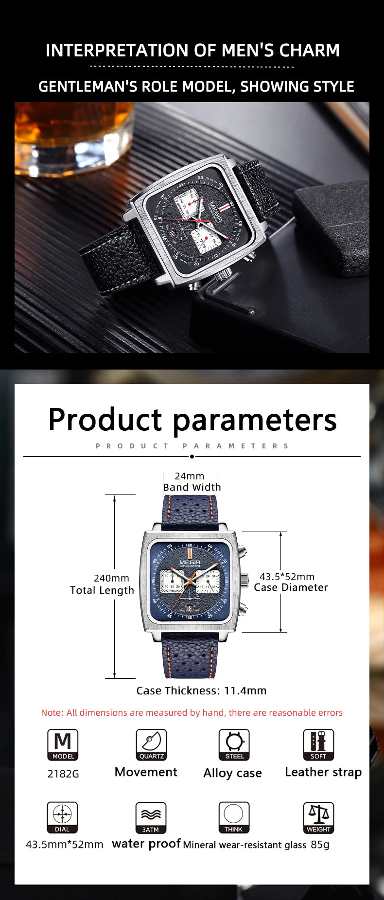 MEGIR 2182 Luxury Fashion Sports Chronograph Multi-Functional Military Leather Date Wristwatches for Men Relogio Masculino