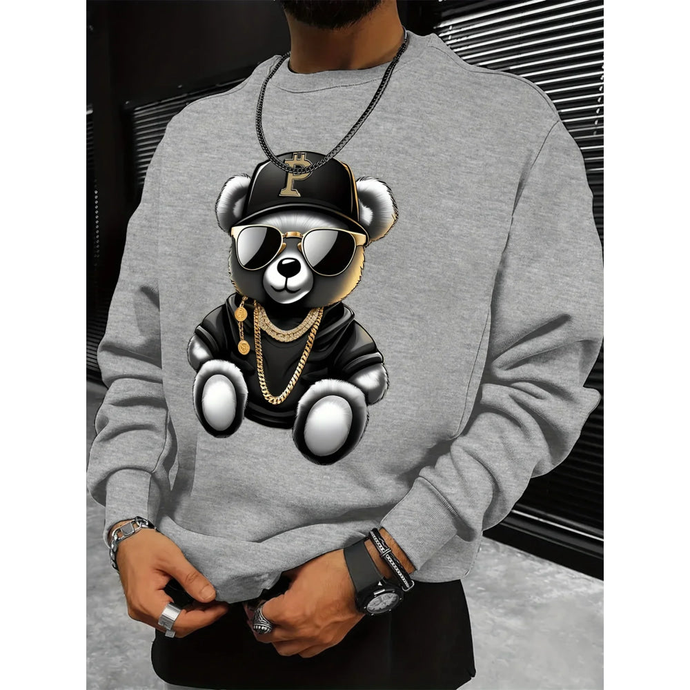 Men's autumn and winter fashionable casual loose cool bear cartoon graphic print fleece long sleeved round neck sweatshirt