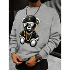 Men's autumn and winter fashionable casual loose cool bear cartoon graphic print fleece long sleeved round neck sweatshirt