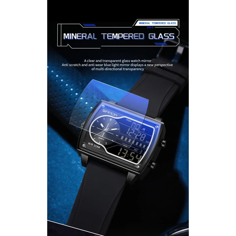 SANDA 6163 Fashion Trend Men's Quartz Watch Fashion Square Watch Countdown Sports Waterproof Dual Display Digital Men's Watches