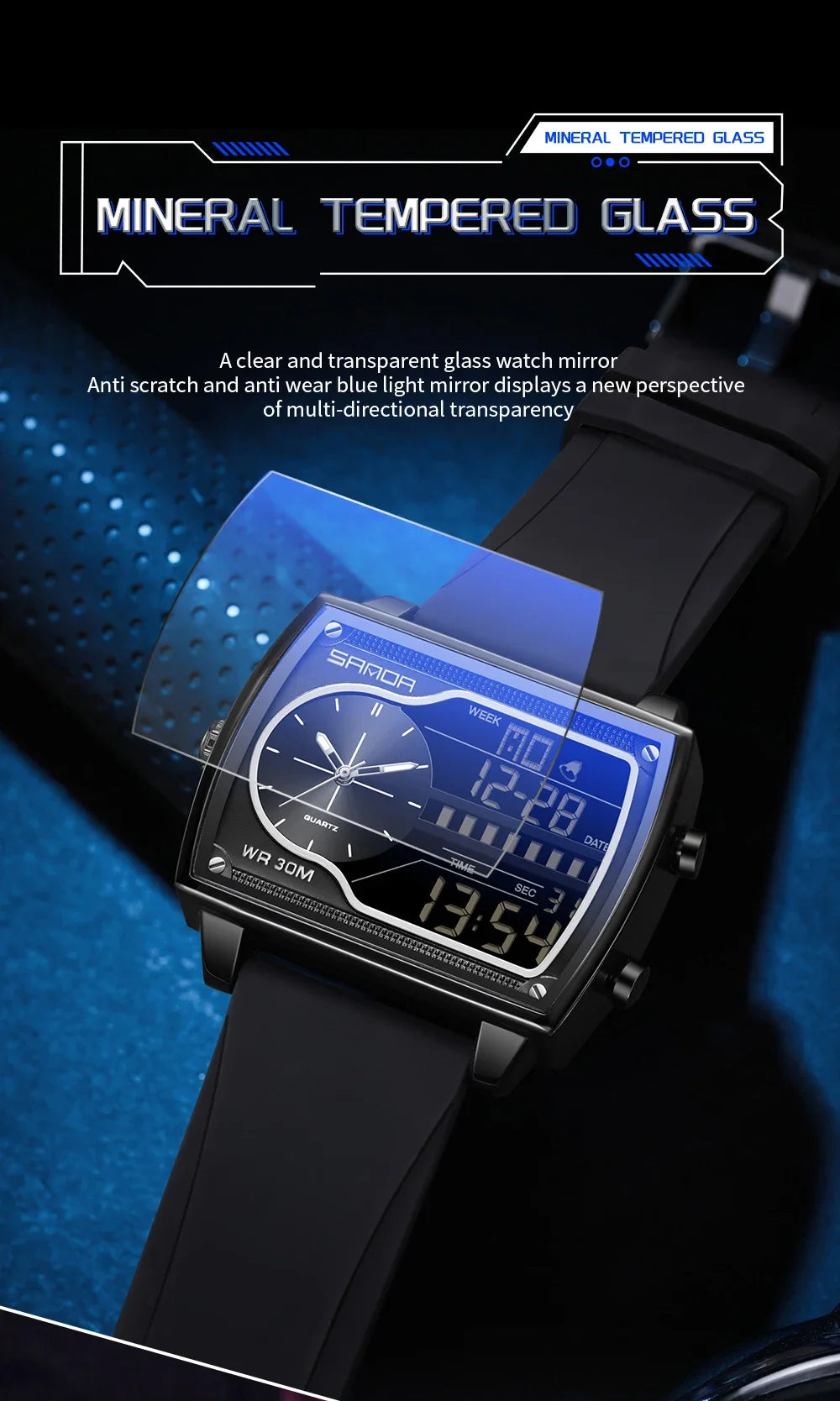 SANDA 6163 Fashion Trend Men's Quartz Watch Fashion Square Watch Countdown Sports Waterproof Dual Display Digital Men's Watches