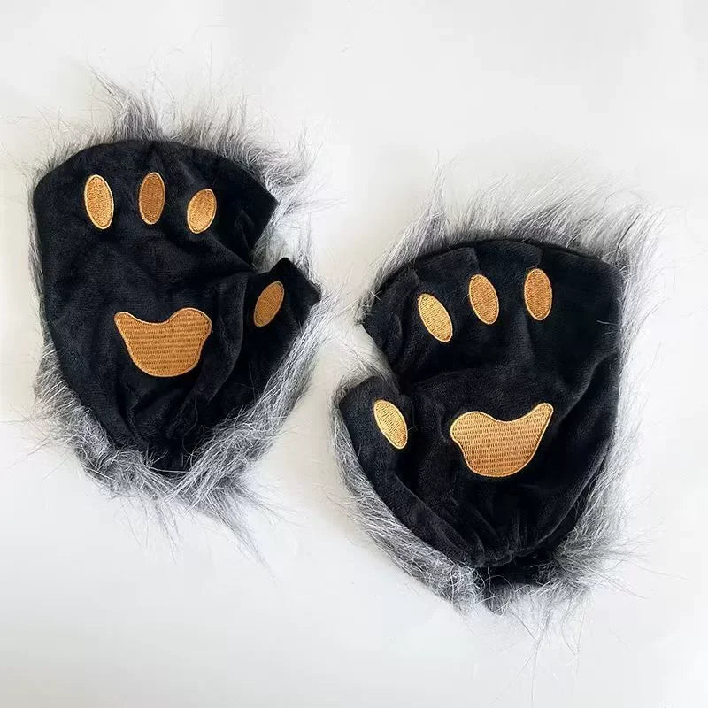 FluffyAnime-guantes y orejas de piel de Animal, cola de zorro, patas de gato, máscara facial, conjunto de disfraz de Cosplay, accesorios para fiesta de Halloween