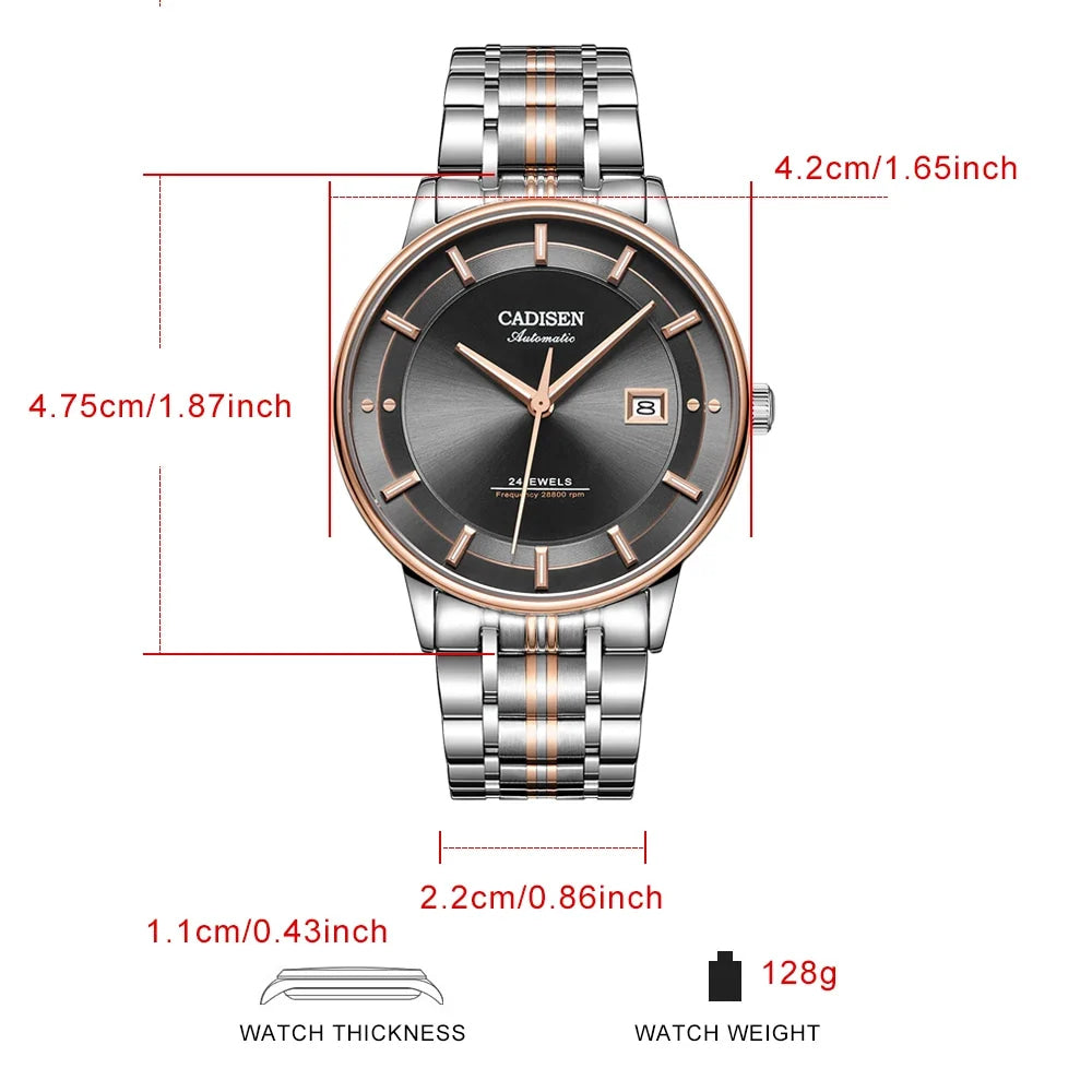 CADISEN Automatic Mechanical Ultra-thin Wriswatch MIYOTA 9015 Top Brand Luxury Curved Single-dome Sapphire Crystal Watch Man