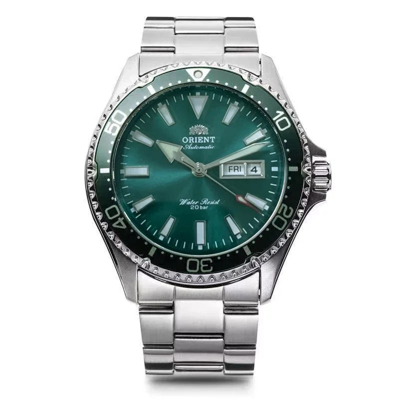 Orient Automatic Mechanical Diver Watch for Men 200M Waterproof Red Dial Stainless Steel Band Day Date Display Sport Wristwatch