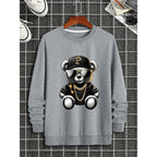 Men's autumn and winter fashionable casual loose cool bear cartoon graphic print fleece long sleeved round neck sweatshirt