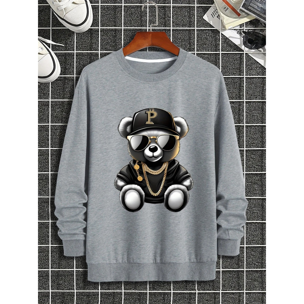 Men's autumn and winter fashionable casual loose cool bear cartoon graphic print fleece long sleeved round neck sweatshirt