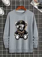 Men's autumn and winter fashionable casual loose cool bear cartoon graphic print fleece long sleeved round neck sweatshirt