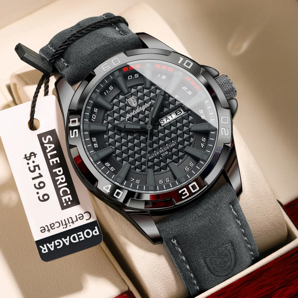 POEDAGAR Original Man Wristwatch Top Luxury Waterproof Luminous Date Week Watch For Men Quartz Sport Leather Men's Watches Reloj