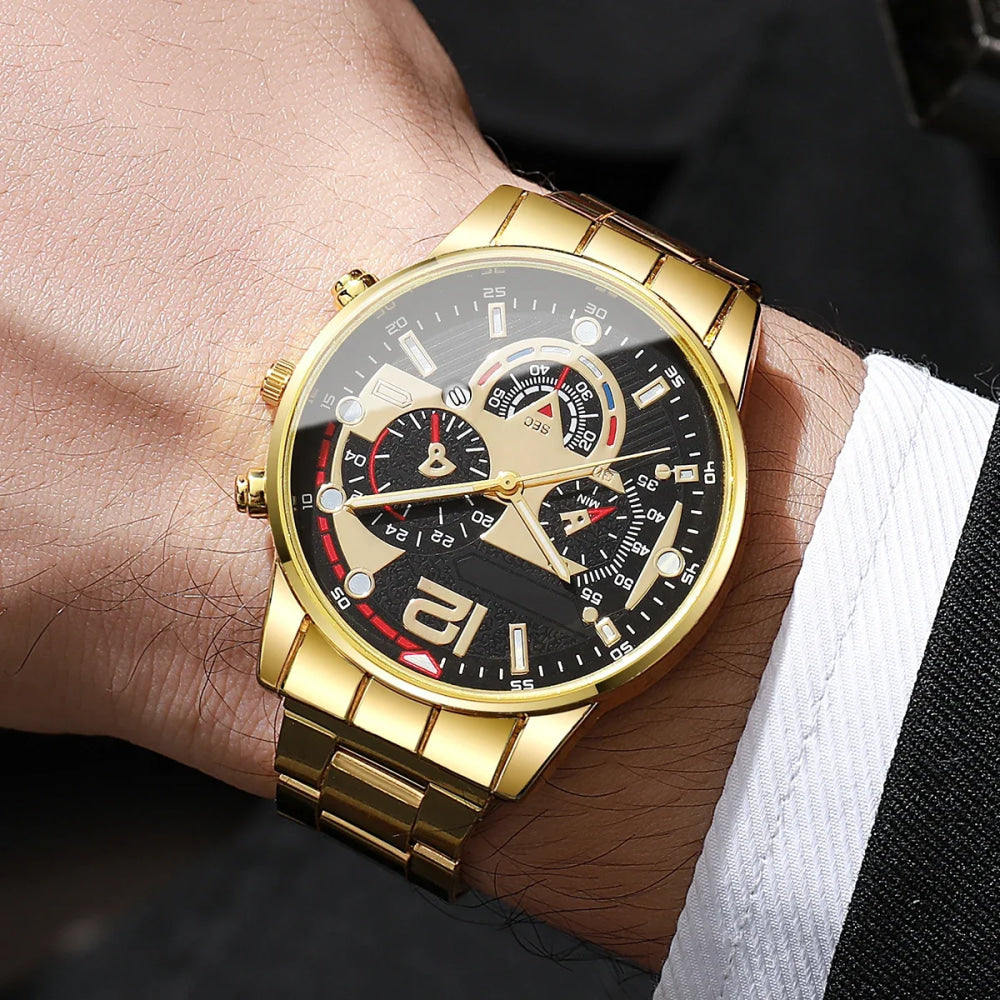 6PCS Luxury Men Business Watches Rings Set Fashion Steel Band Man Arabic Dial Quartz Wristwatch (Without Box)