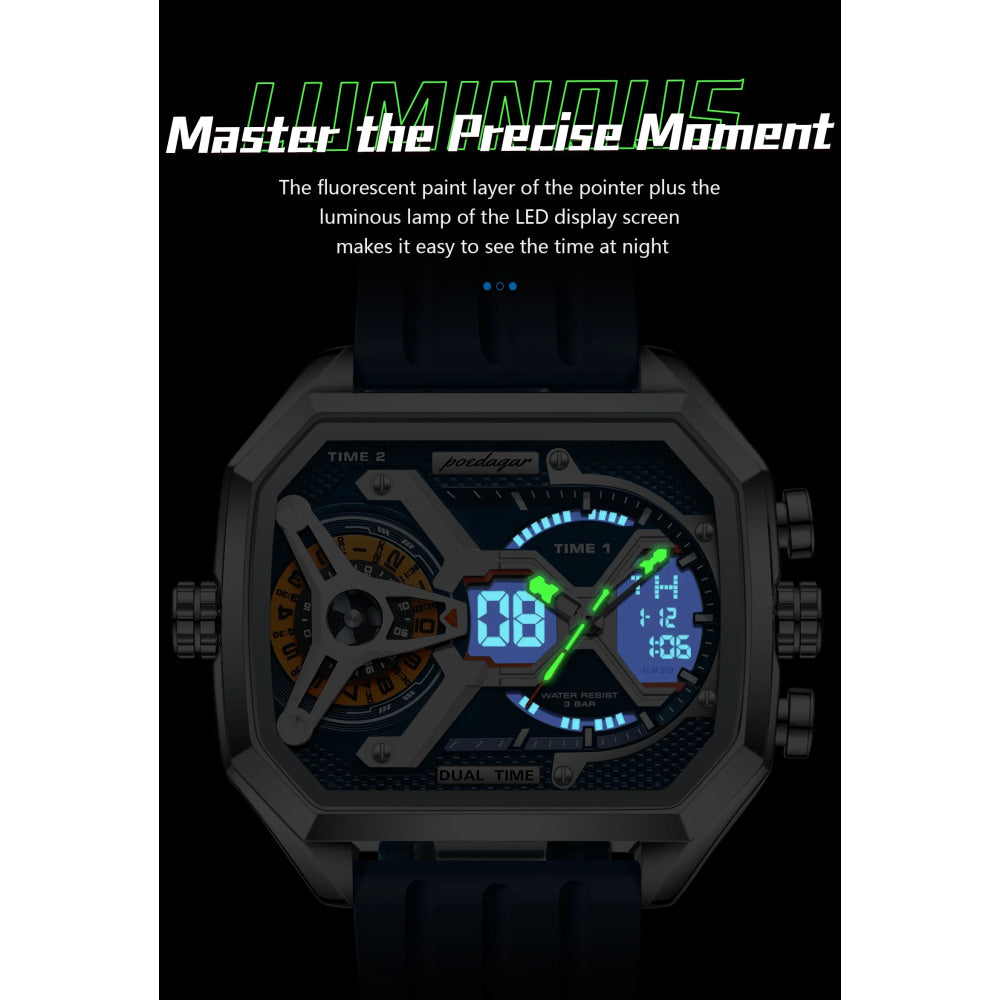 POEDAGAR Top Luxury Men Clock LED Calendar Week Luminous Man Wristwatch Electronic Rectangle Silicone Strap Quartz Men's Watches