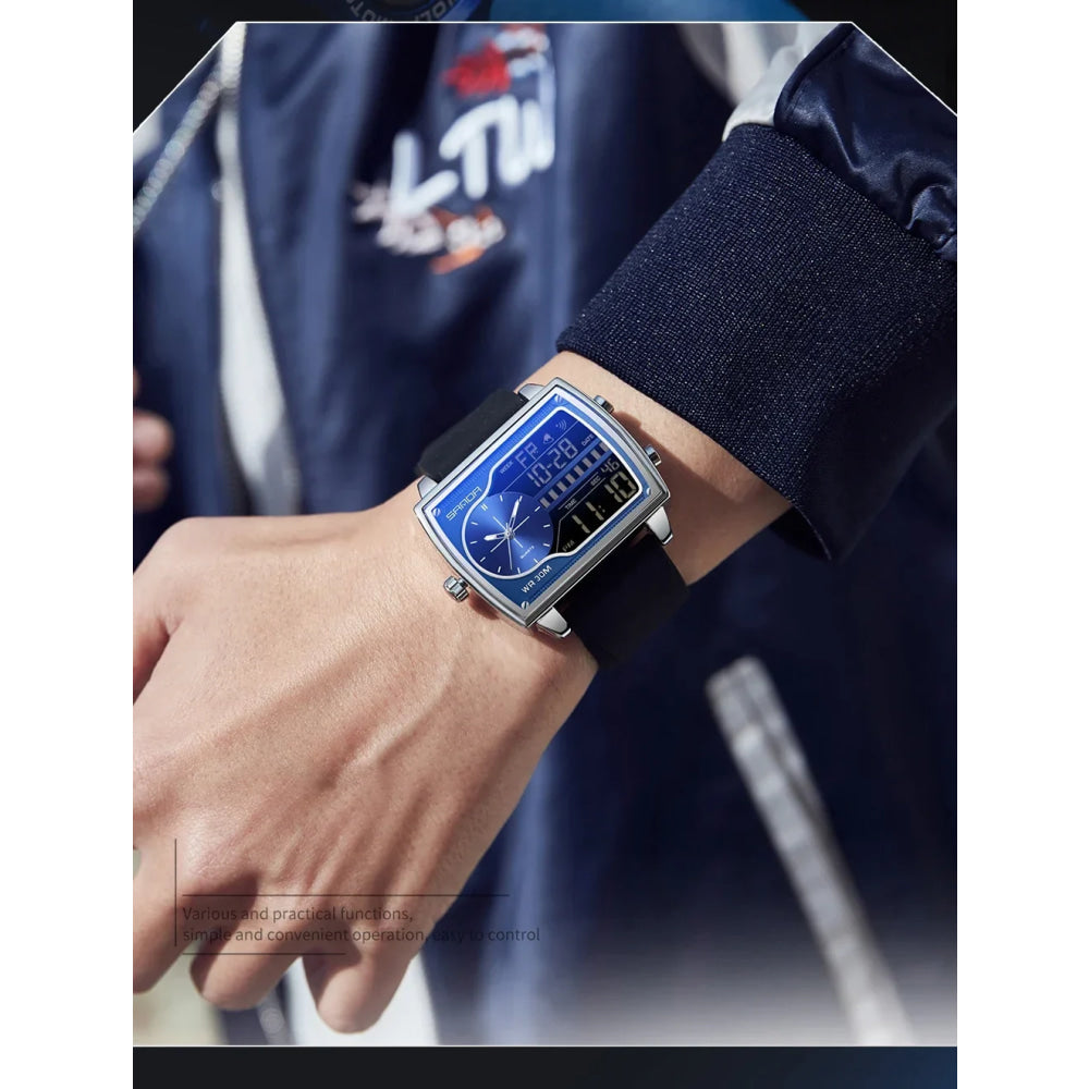 SANDA 6163 Fashion Trend Men's Quartz Watch Fashion Square Watch Countdown Sports Waterproof Dual Display Digital Men's Watches