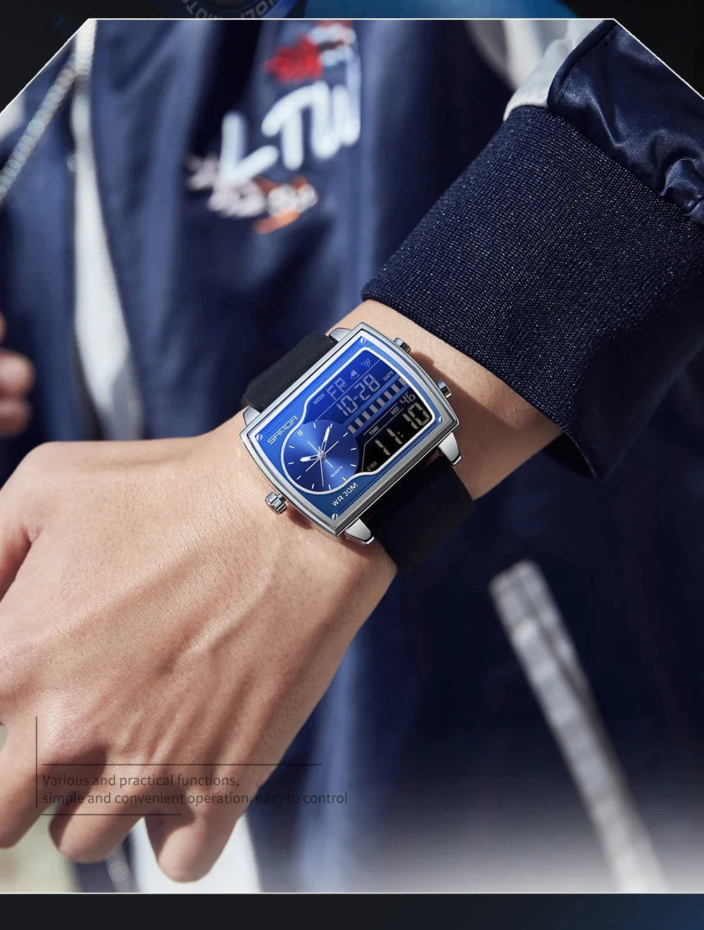 SANDA 6163 Fashion Trend Men's Quartz Watch Fashion Square Watch Countdown Sports Waterproof Dual Display Digital Men's Watches