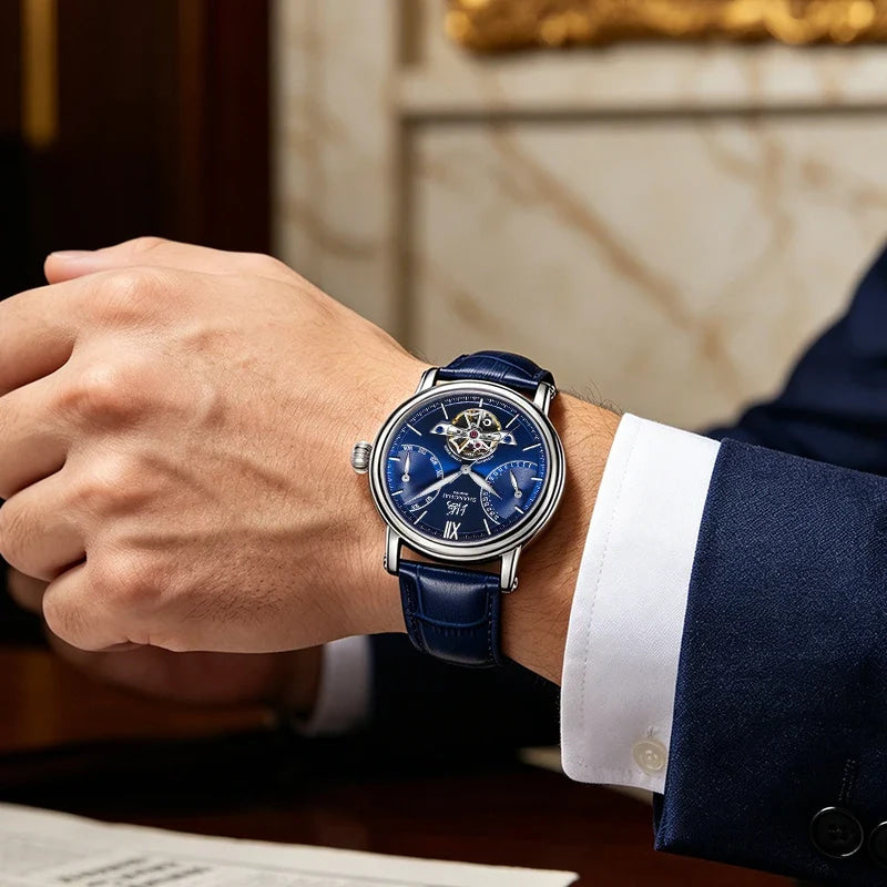 Shanghai Watch Skeletonized Flywheel Men's Mechanical Watch 42mm Automatic Watches Retrograde Calendar Sapphire Wristwatch S8924