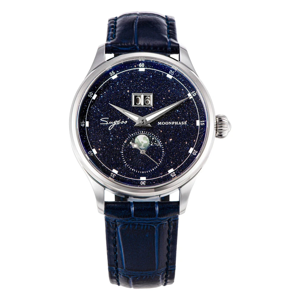 Sugess Moonphase Watch of Men 40mm Automatic Mechanical Wristwatches Origin ST2528 Movement Stainless Steel Blue Sandstone Dials