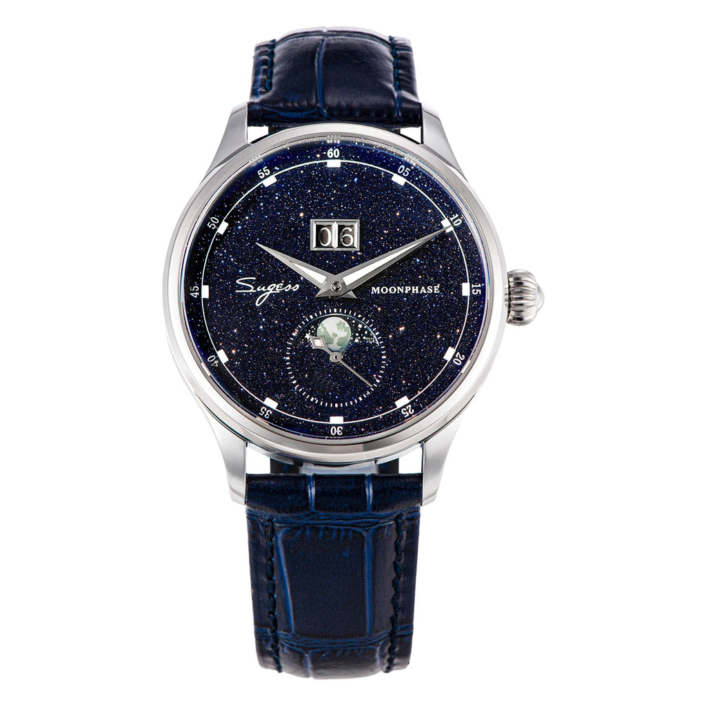 Sugess Moonphase Watch of Men 40mm Automatic Mechanical Wristwatches Origin ST2528 Movement Stainless Steel Blue Sandstone Dials