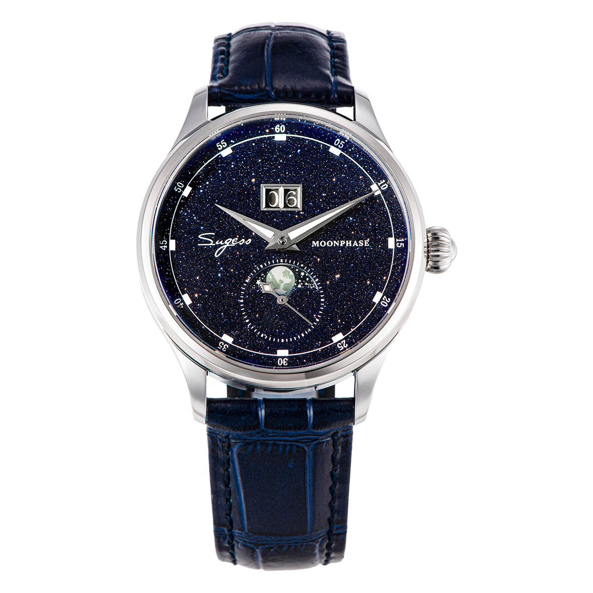 Sugess Moonphase Watch of Men 40mm Automatic Mechanical Wristwatches Origin ST2528 Movement Stainless Steel Blue Sandstone Dials
