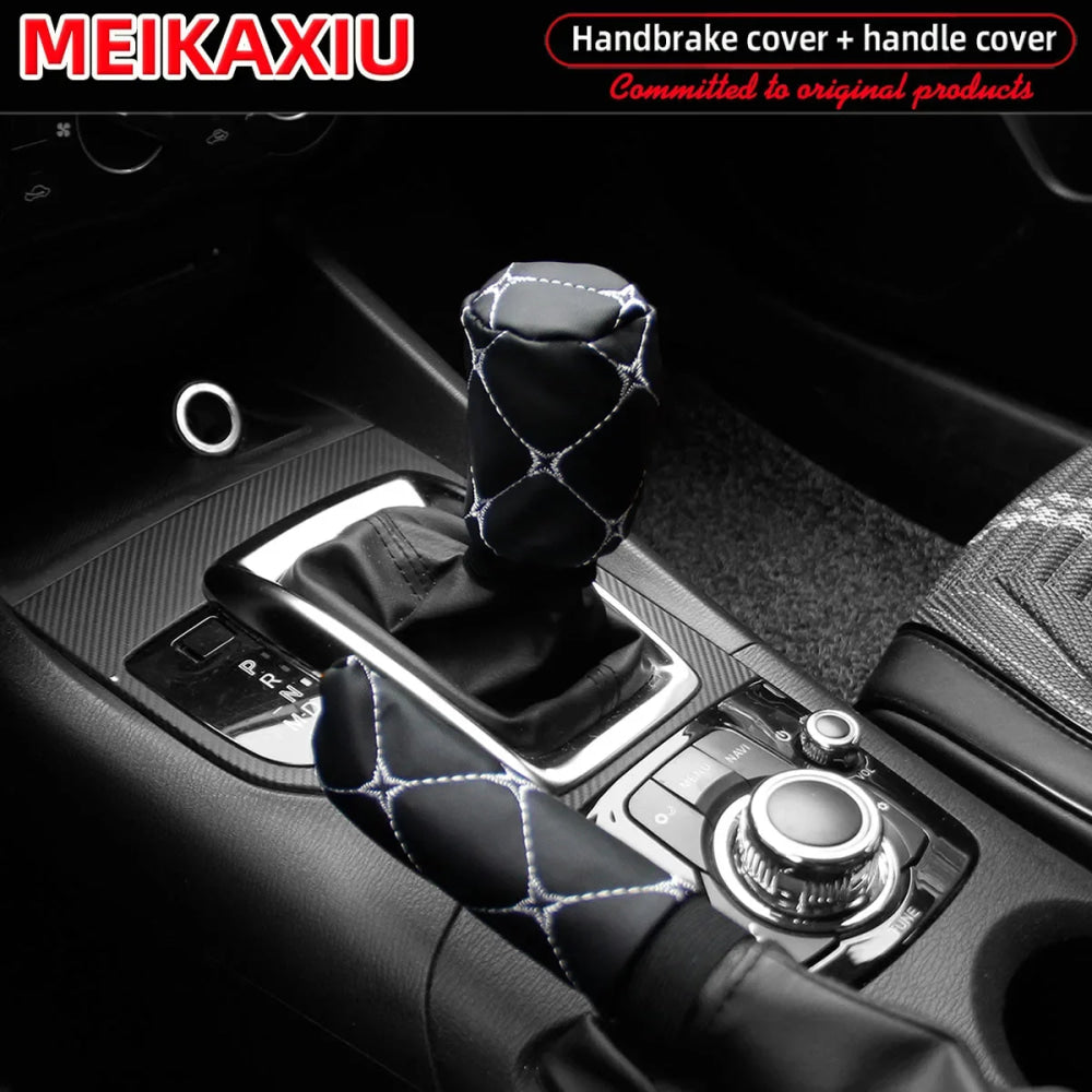 2 sets PU leather embroidered large lattice comfortable car handbrake cover handle set manual transmission car general purpose