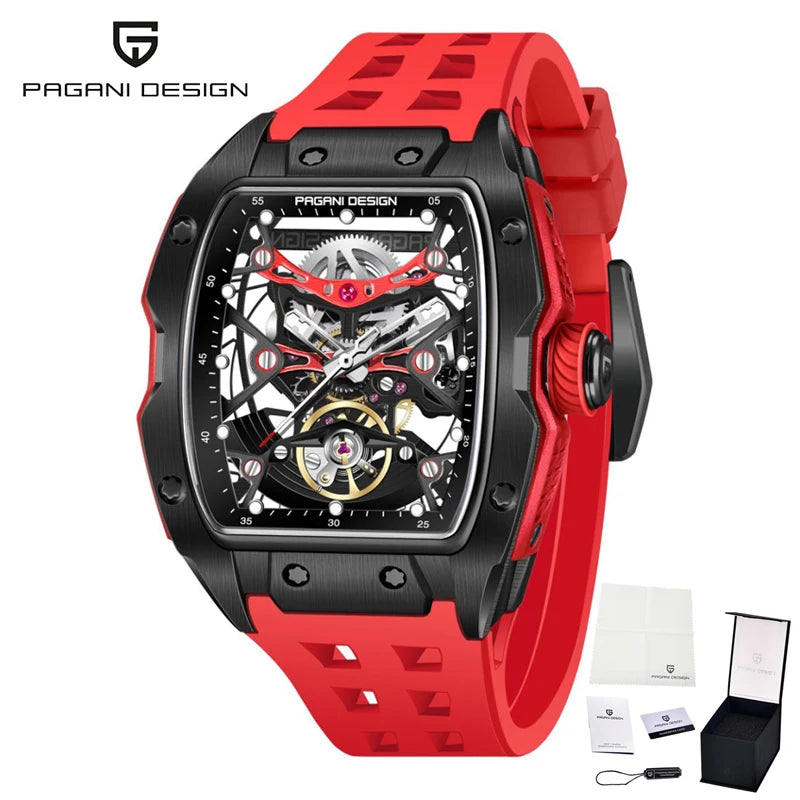 PAGANI DESIGN-reloj mecánico automático para hombre, barril de vino, tienda, estilo Venom, resistente al agua, lente de zafiro de goma, hueco