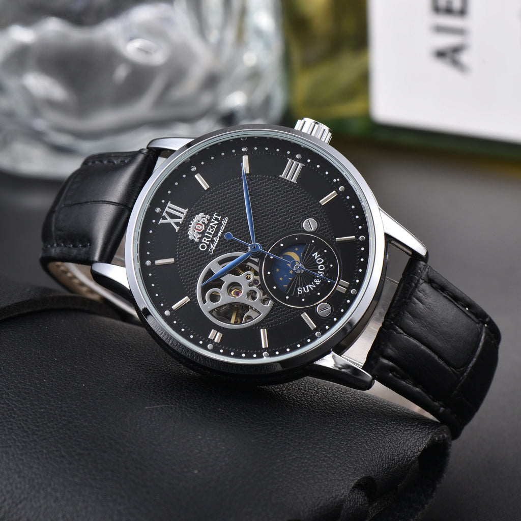 Reloj Automático Orient Sun & Moon semiesqueleto para hombre, esfera blanca, correa de cuero negro, cristal de zafiro, reloj de vestir resistente al agua hasta 50M