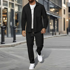 Men's Business Casual Two-Piece Set Spring Autumn Waffle Zippered Shirt Coat And Trousers Trendy Fashionable Outfit