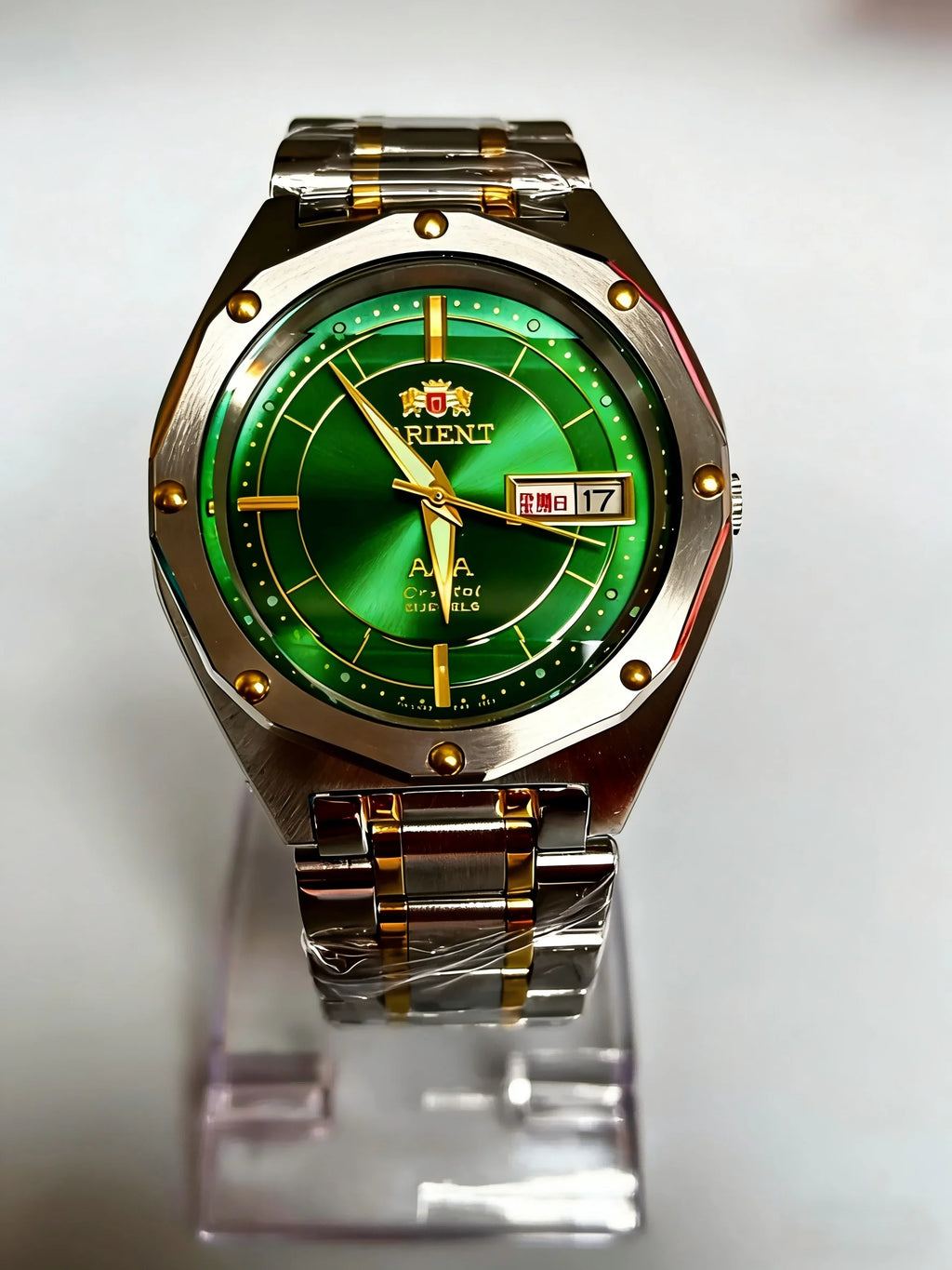 ORIENT Men's Two-Tone Stainless Steel Watch Green Dial Luminous Hands Day-Date Display AAA Crystal Analog Wristwatch