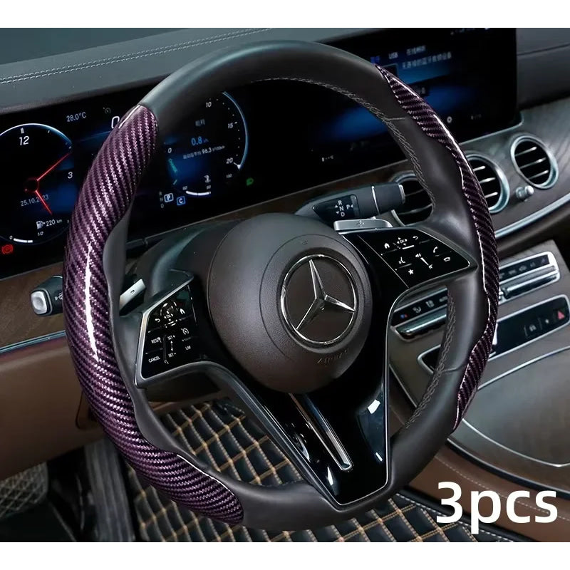 2/3PCS Laser Carbon Fiber Silicone Car Steering Wheel Cover 1K Micro Fiber Leather PVC Wheel Booster Cover Non-Slip Universal