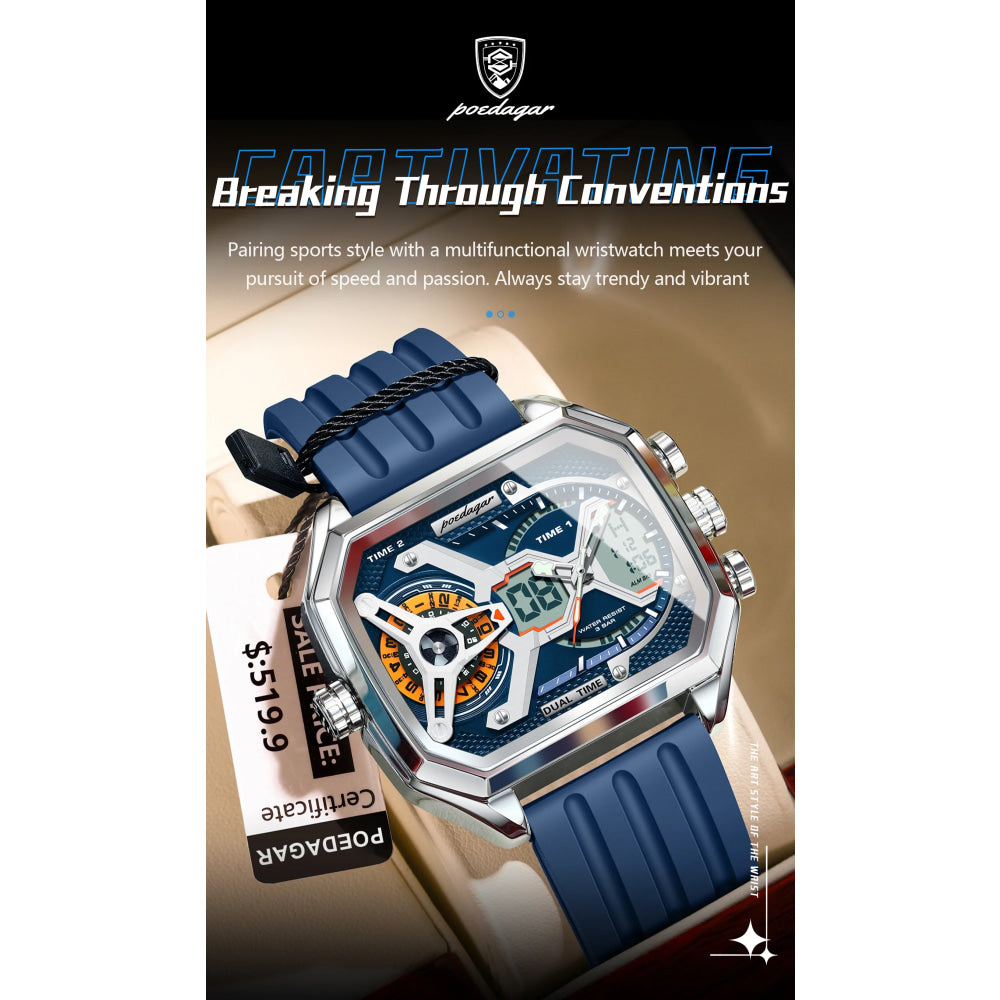 POEDAGAR Top Luxury Men Clock LED Calendar Week Luminous Man Wristwatch Electronic Rectangle Silicone Strap Quartz Men's Watches