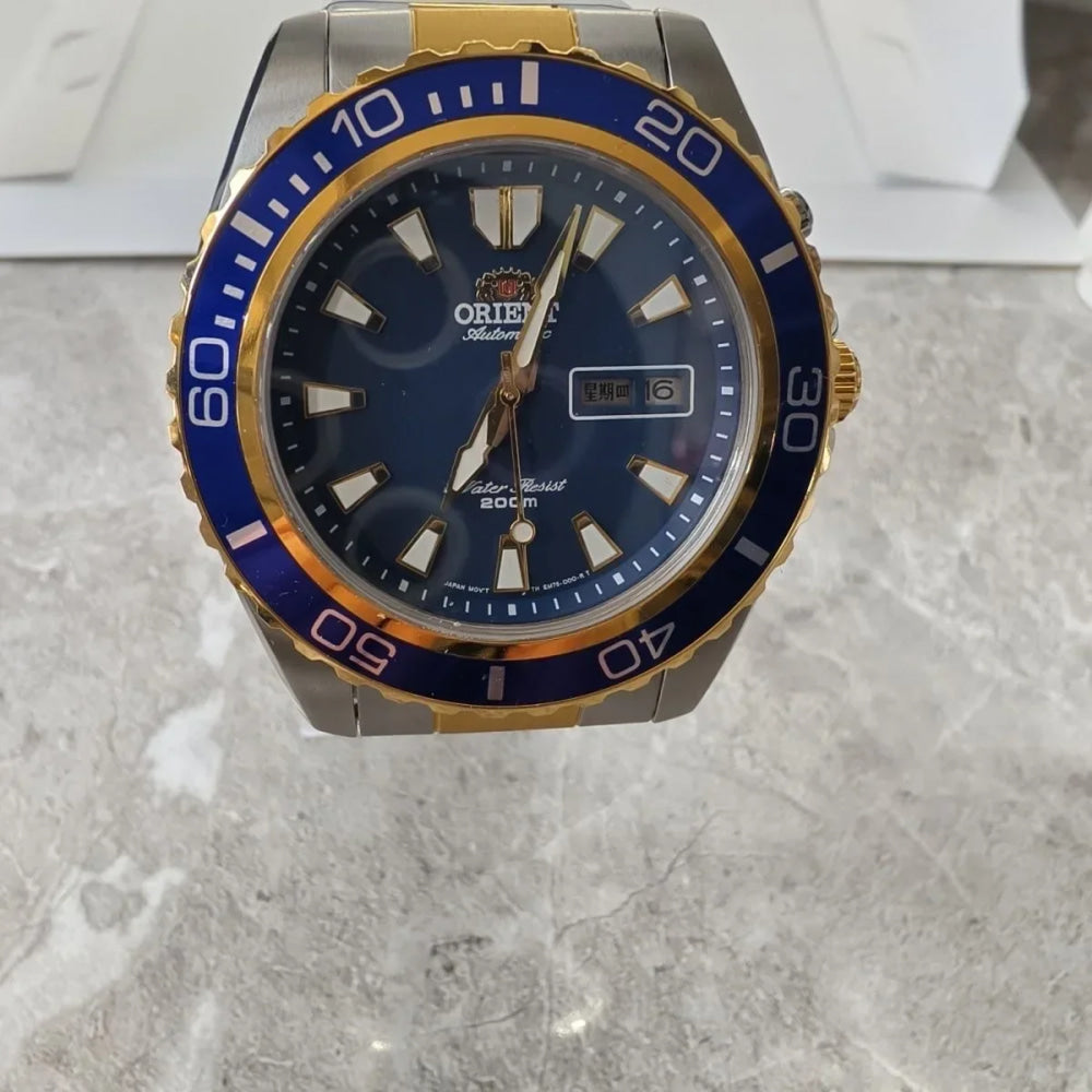 Orient Diver Automatic Watch Blue Dial Blue Bezel 200M Waterproof Day-Date Steel Band Luminous Markers Men's Sport Wristwatch