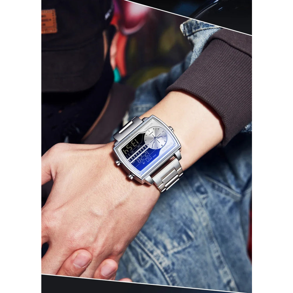 SANDA 6163 Fashion Trend Men's Quartz Watch Fashion Square Watch Countdown Sports Waterproof Dual Display Digital Men's Watches