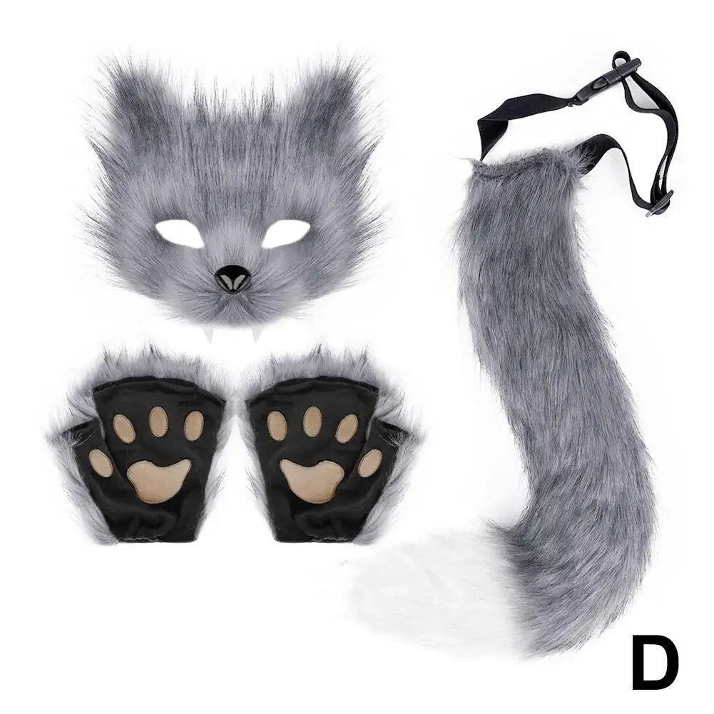 Guantes de máscara de cola de piel esponjosa, guantes de manos con patas de gato y máscara de lobo Therian, conjunto para disfraz de Halloween, accesorios para fiesta