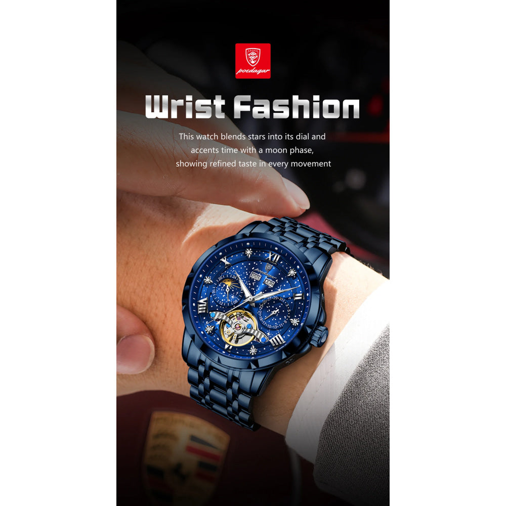 POEDAGAR Luxury Men Wristwatch Fashion Date Hollow Tourbillon Man Clock Automatic Mechanical Stainless Steel Men's Watches Reloj